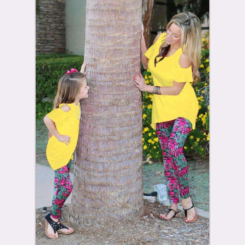 Mom and Daughter Yellow Shirt and Floral Leggings