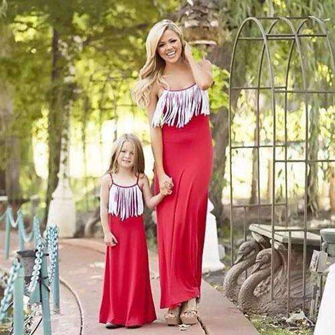 Mom and Daughter Red Tassle Dress